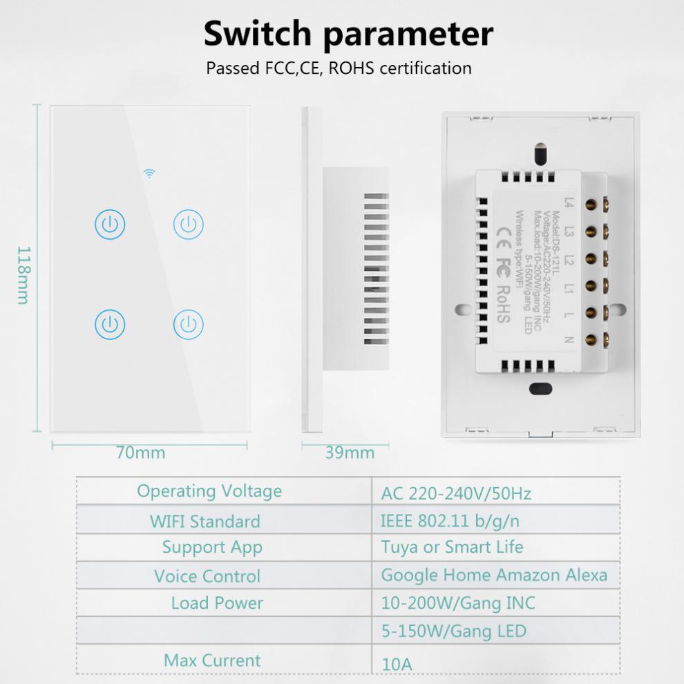 Smart WiFi Touch Wall Switch – Glass Panel Compatible with Alexa